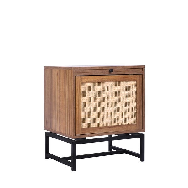 Natural 1 Rattan Door Cabinet， End Table， Sofa Side Table， Nightstand with Adjustable Pull Plate and Metal Base