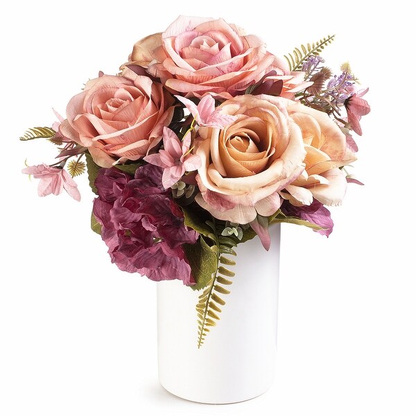 Enova Home Artificial Silk Roses and Hydrangea Fake Flowers Arrangement in Ceramic Vase with Faux Water for Home Wedding Decor