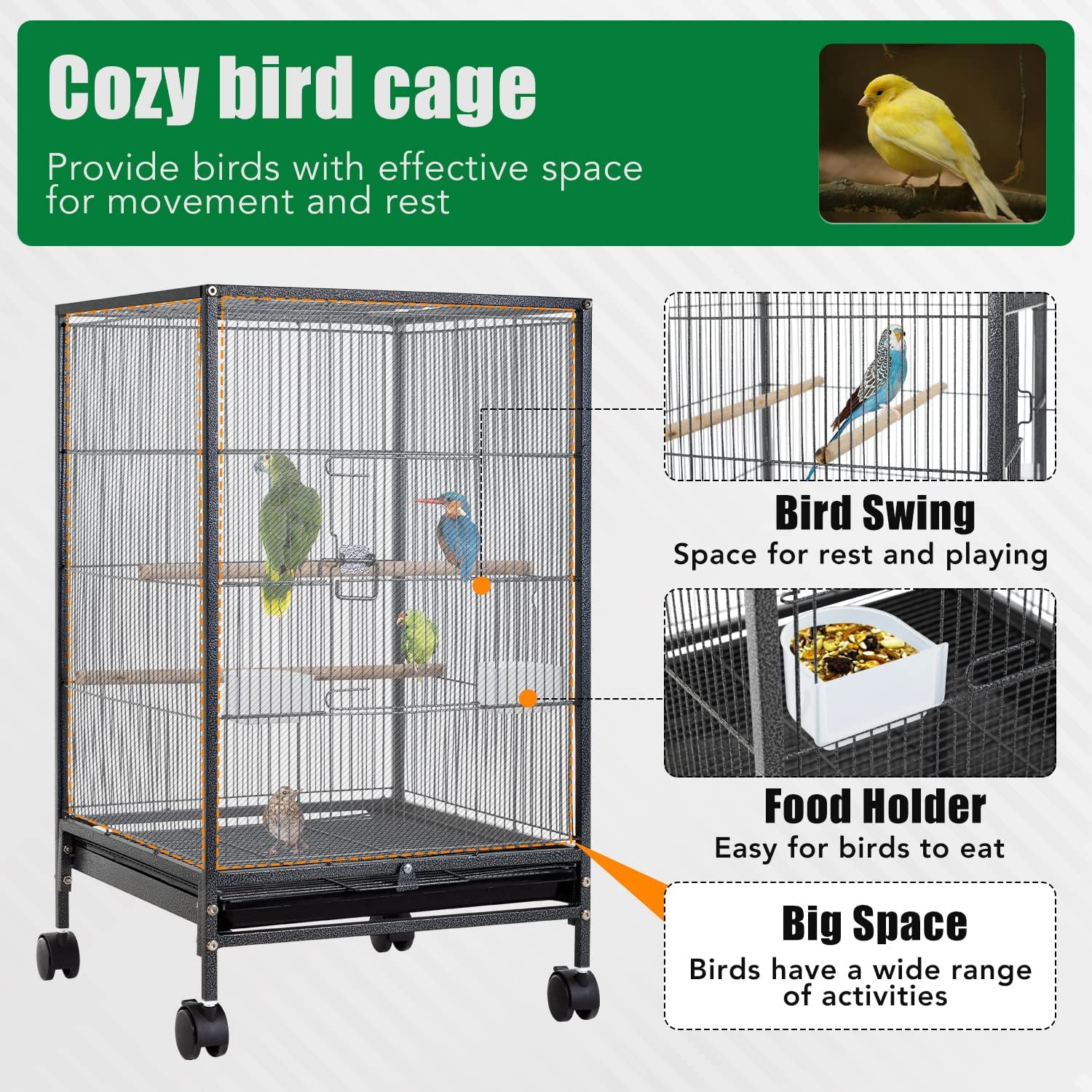 CL.HPAHKL 35 inch Height Bird Cage with Perches， Large Metal Rolling Bird Cages for Parakeets with Stand Heavy Duty Parrot Cage for Parrots Conure Lovebird Cockatiel