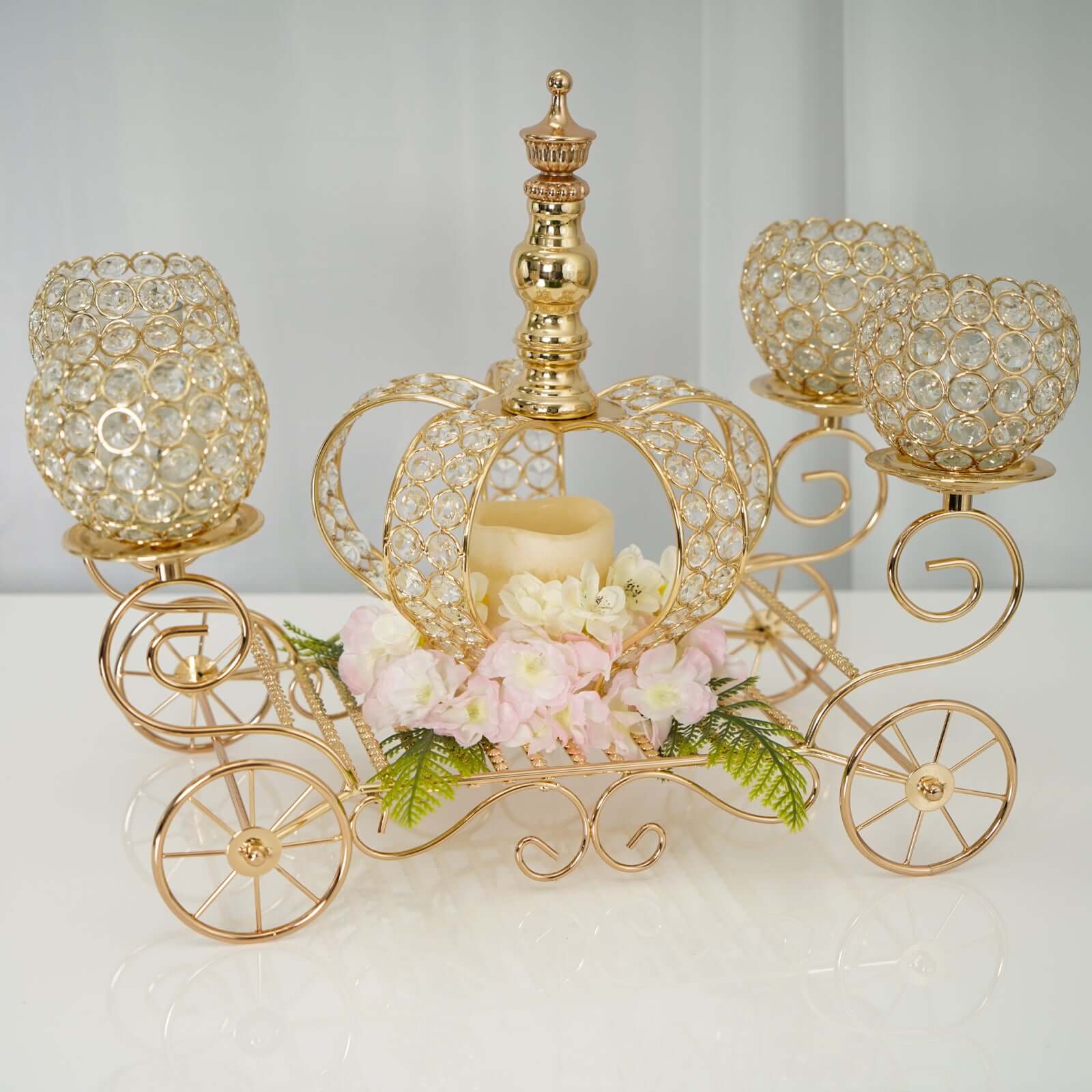 Gold Metal 4-Arm Crystal Cinderella Carriage Candle Holder Centerpiece 18