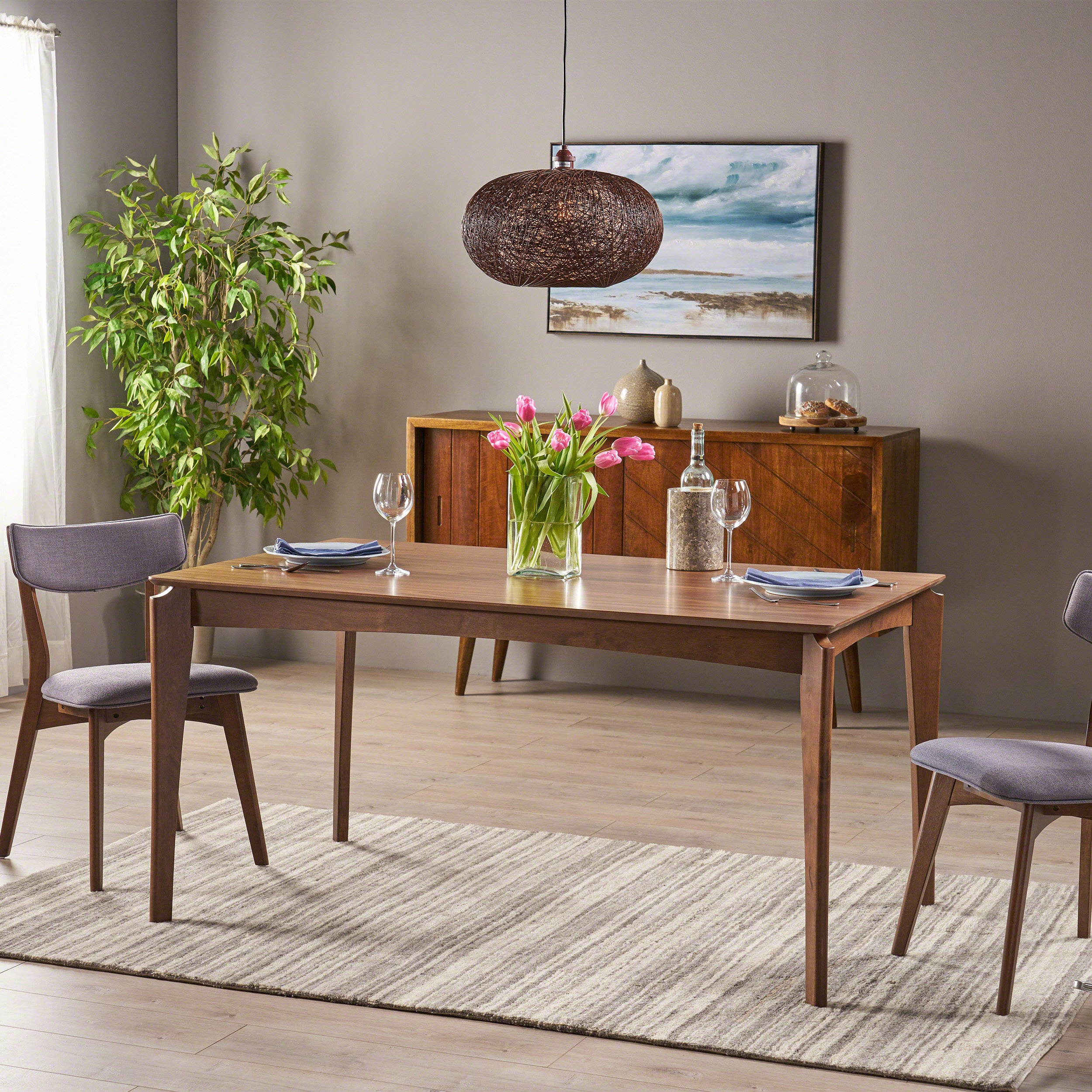 Domina Mid-Century 6-Seater Rubberwood Dining Table with Walnut Veneer Table Top