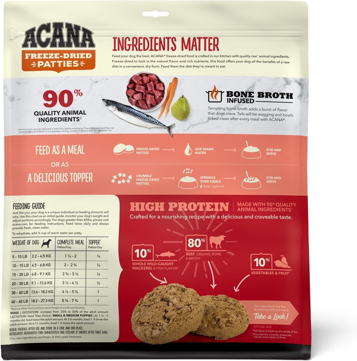 ACANA Ranch-Raised Beef Recipe Patties Grain-Free Freeze Dried Dog Food and Topper， 14-oz bag