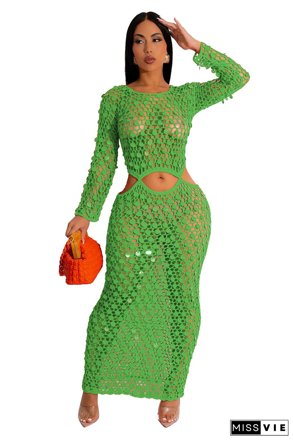 Crochet Sequins Cover Up Long Sleeve Cut Out Maxi Dresses