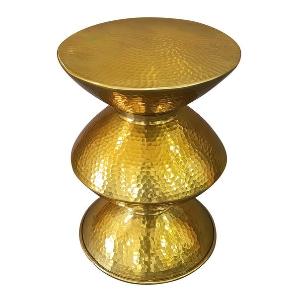 21 Inch Round Aluminum Side End Table， Hammered Embossed Metal Surface， Turned Pedestal Base， Gold - 14.5 L x 14.5 W x 20.5 H