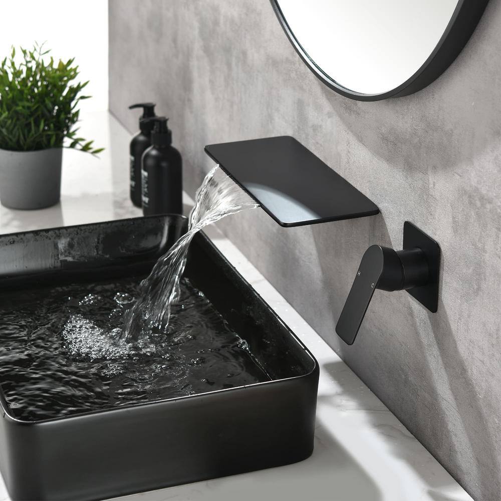 FLG Single-Handle Wall-Mount Roman Tub Faucet Brass Waterfall Bath Tub Filler in Matte Black SS-0085-MB