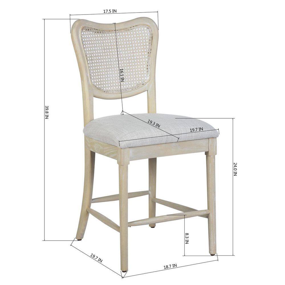 Homy Casa Eikki 46.3 in. Light Grey Brushed Natural Rattan Back Solid Wood Frame Counter Barstool with Line Fabric Seat (Set of 2) EIKKI MIDDLE BAR GREY