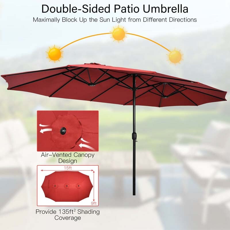 15FT Double-Sided Twin Patio Umbrella with Base & Crank System, Extra-Large Cantilever Market Umbrella