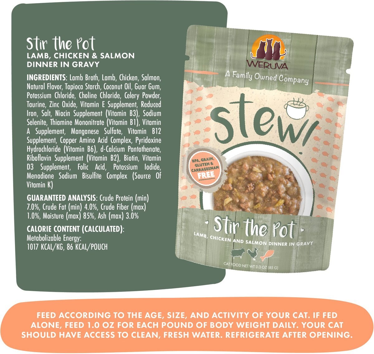 Weruva Classic Cat Stir the Pot with Lamb， Chicken and Salmon in Gravy Stew Cat Food Pouches