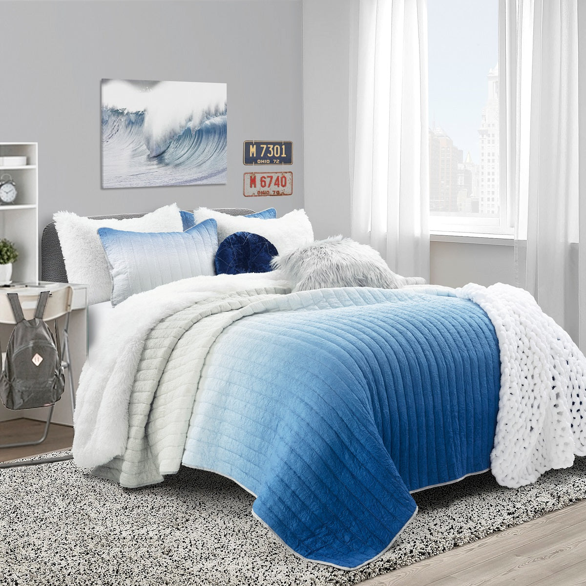 Bedding Bundle: Crinkle Ombre Quilt Set + Emma Faux Fur Comforter Set