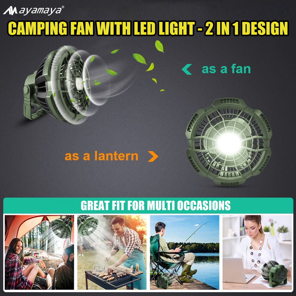 Rechargeable Camping Fan with LED Light & Remote Control, AYAMAYA 7800mAh  Portable LED Lantern Tent Fan, USB Tent Fans for Camping Car Emergency Power Bank, Desk Ceiling Fan (Green)