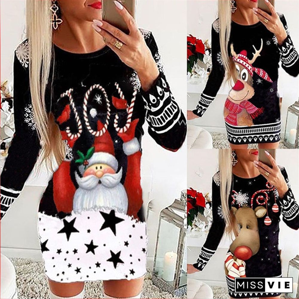 New Women's Fashion Christmas Santa Claus Printing Long Sleeve Dress