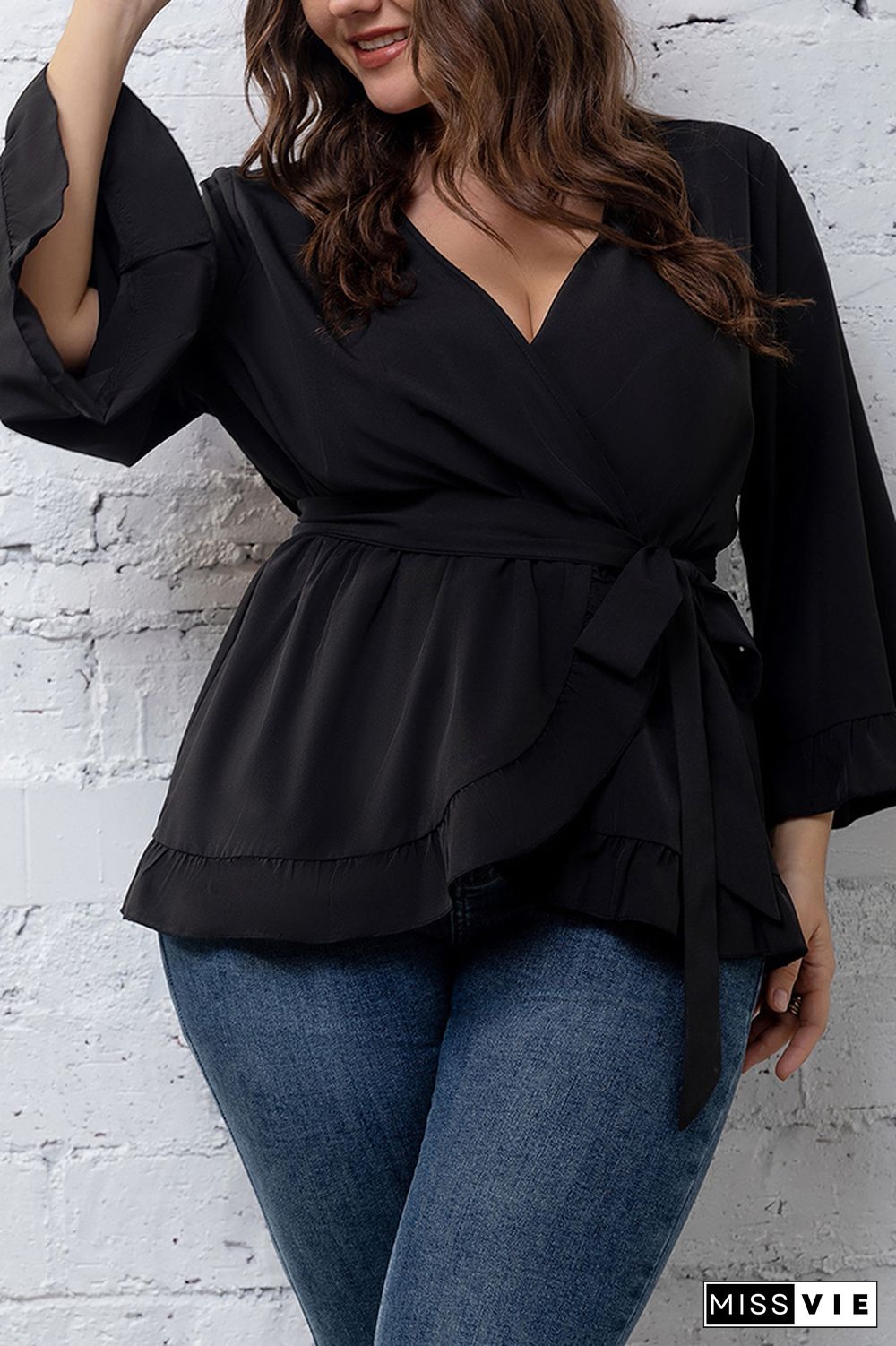 Black Surplice V Neck Flare Sleeves Plus Size Top