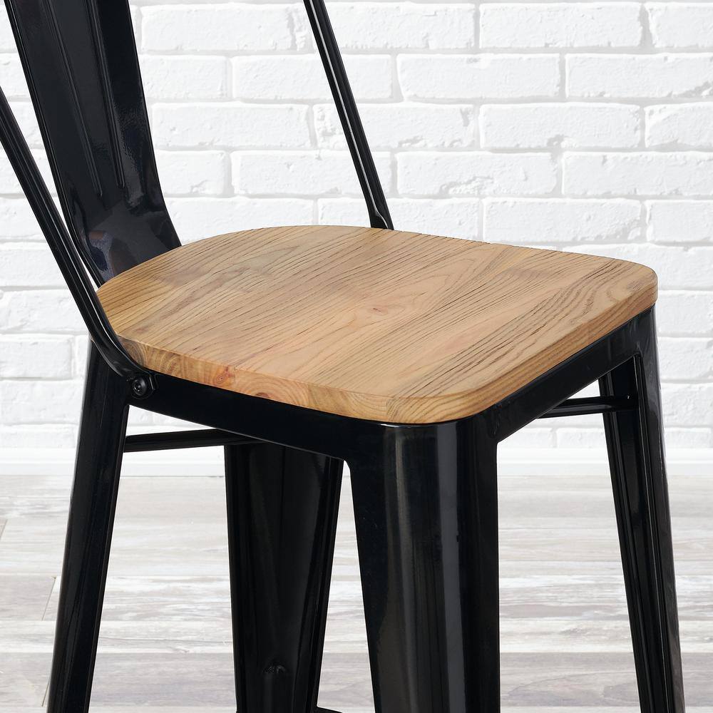 StyleWell Finwick Black Metal Backed Bar Stool with Natural Wood Seat (Set of 2) CW827A-29-BLK