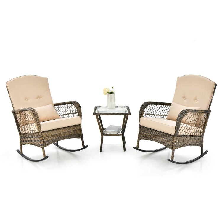 3 Pieces Outdoor Hand Woven PE Rattan Conversation Set with Tempered Glass Side Table Beige   N/A