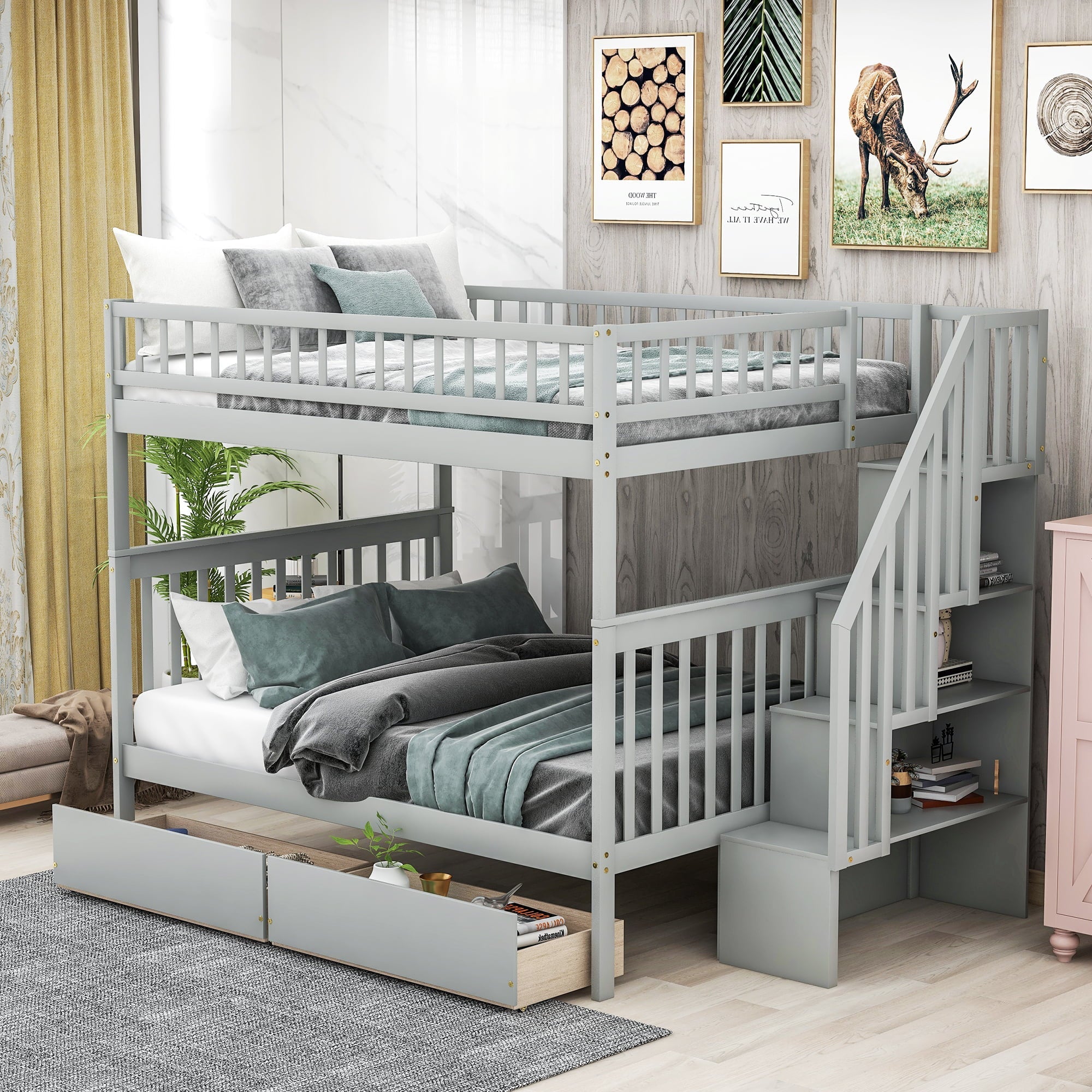 Euroco Full over Full Bunk Bed with Storage Shelves and 2 Under Storage Drawers for Kids Room