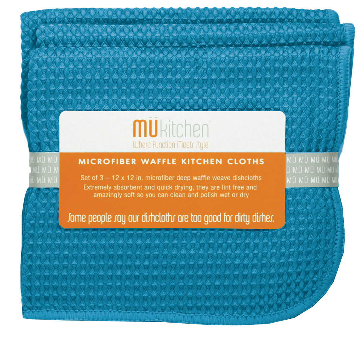 mukitchen microfiber waffle dishcloth， 12 by 12-inches， set of 3， sea blue