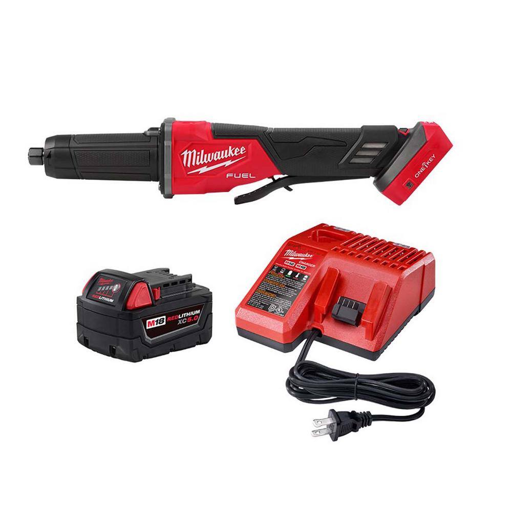 MW M18 FUEL 18-Volt Lithium Ion Brushless Cordless 2-3 in. Variable Speed Die Grinder Paddle Switch with 5.0Ah Starter Kit 2984-20-48-59-1850