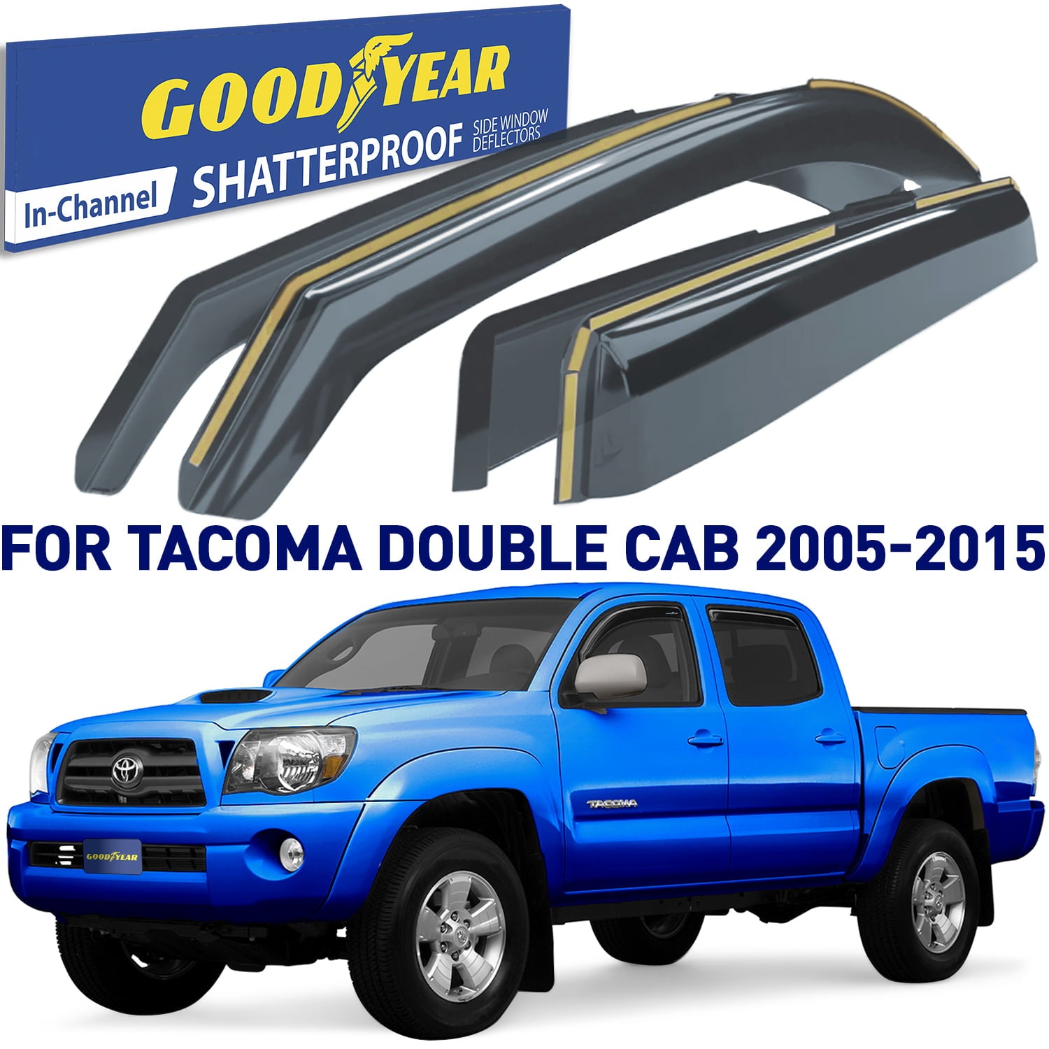 Goodyear Shatterproof in-Channel Window Deflectors for Trucks Toyota Tacoma 2005-2015 Double Cab， Rain Guards， Window Visors， Vent Deflector， Truck Accessories， 4 pcs- GY003444LP