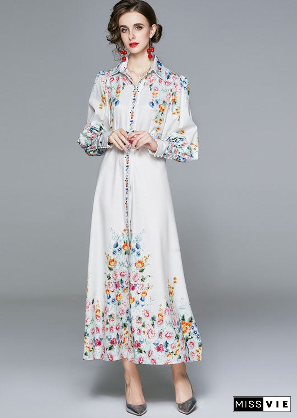 French White Peter Pan Collar Print Chiffon Dresses Fall