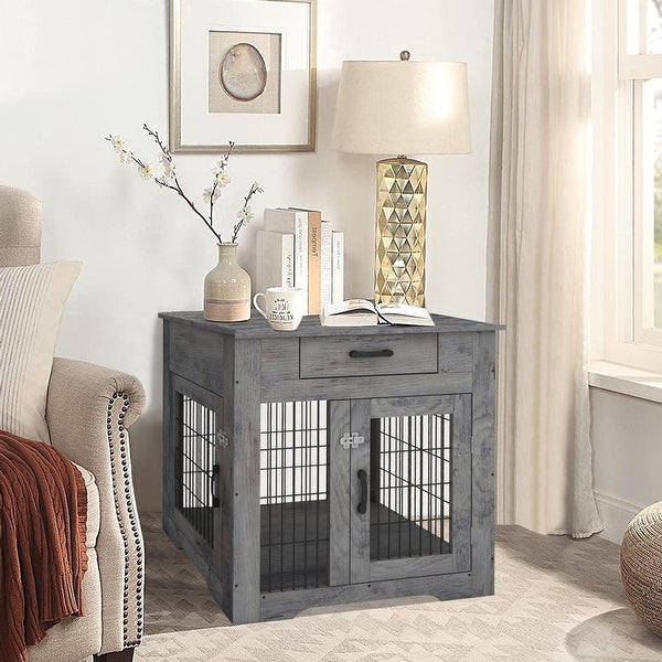 Mieres Double Door Wooden End Table Dog Crate with Double Doors， Indoor Pet Kennel Side Table with Storage Drawer