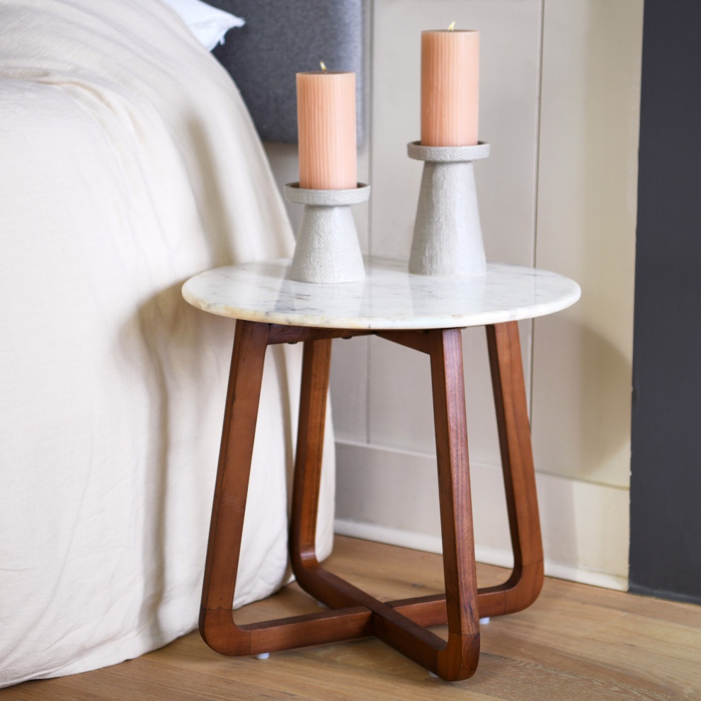 Modern Round Marble and Wood End Table  Walnut Finish   Transitional   Side Tables And End Tables   by Creative Co op  Houzz