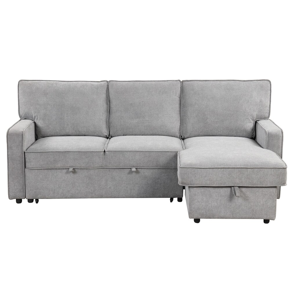 L Shape Sectional Sofa with Pull Out Bed   Storage Chaise  Convertible Sleeper Sofa Bed with USB Port   2 Cup Holders