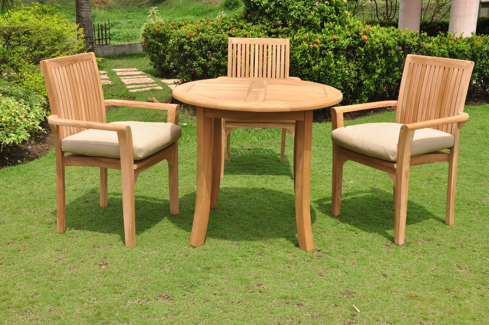 4 Piece Outdoor Teak Dining Set  36 quotRound Table  3 Lua Stacking Arm Chairs   Scandinavian   Outdoor Dining Sets   by Teak Deals  Houzz