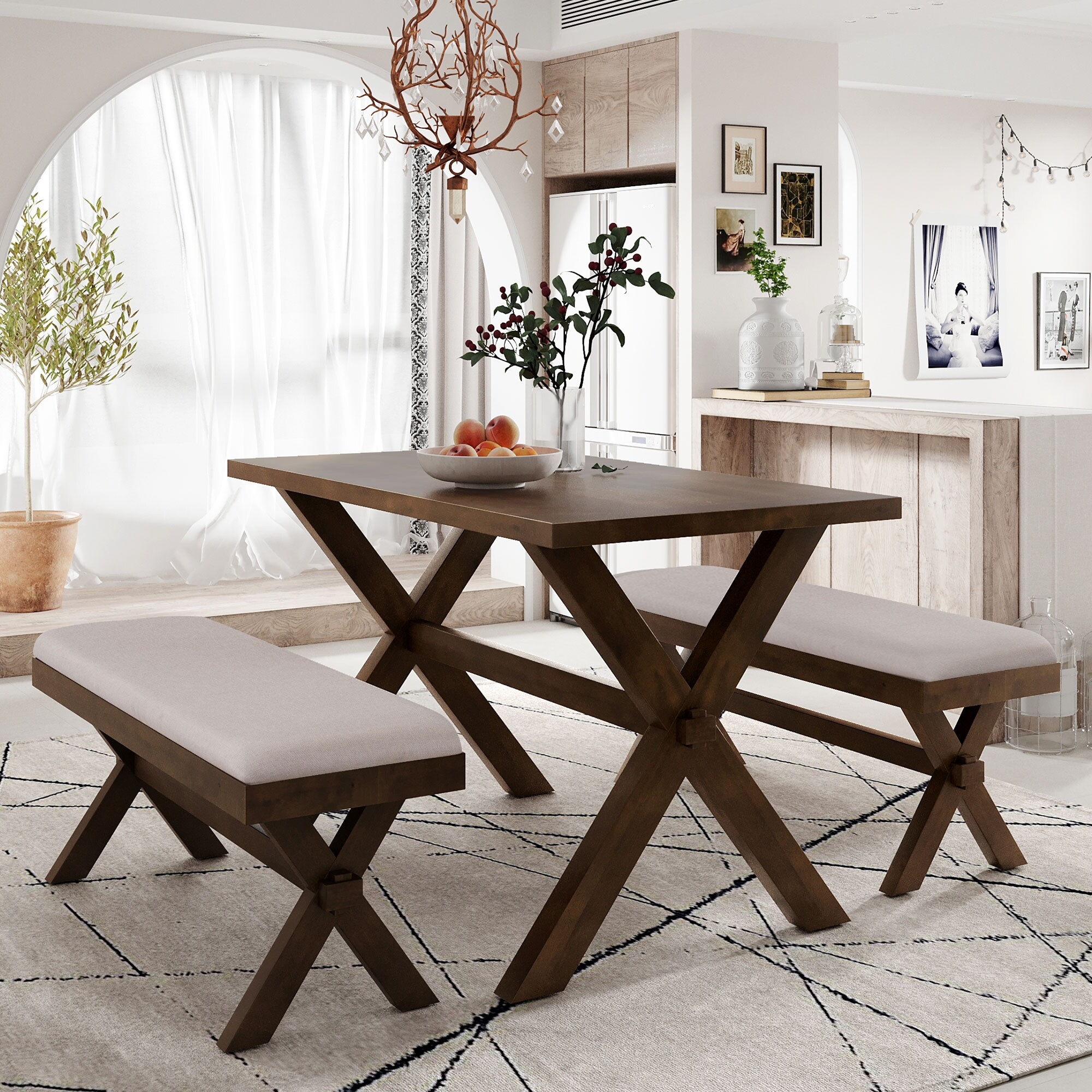 3 Pieces Farmhouse Rustic MDF Panel Wood X-shaped Design Kitchen Dining Table Set with 2 Upholstered Benches