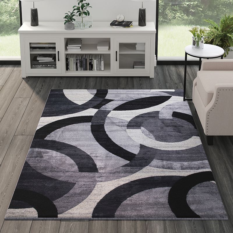 Masada Rugs Masada Rugs， Thatcher Collection Accent Rug with Interlocking Circle Pattern in Black and Grey with Olefin Facing and Natural Jute Backing - 5'x7'