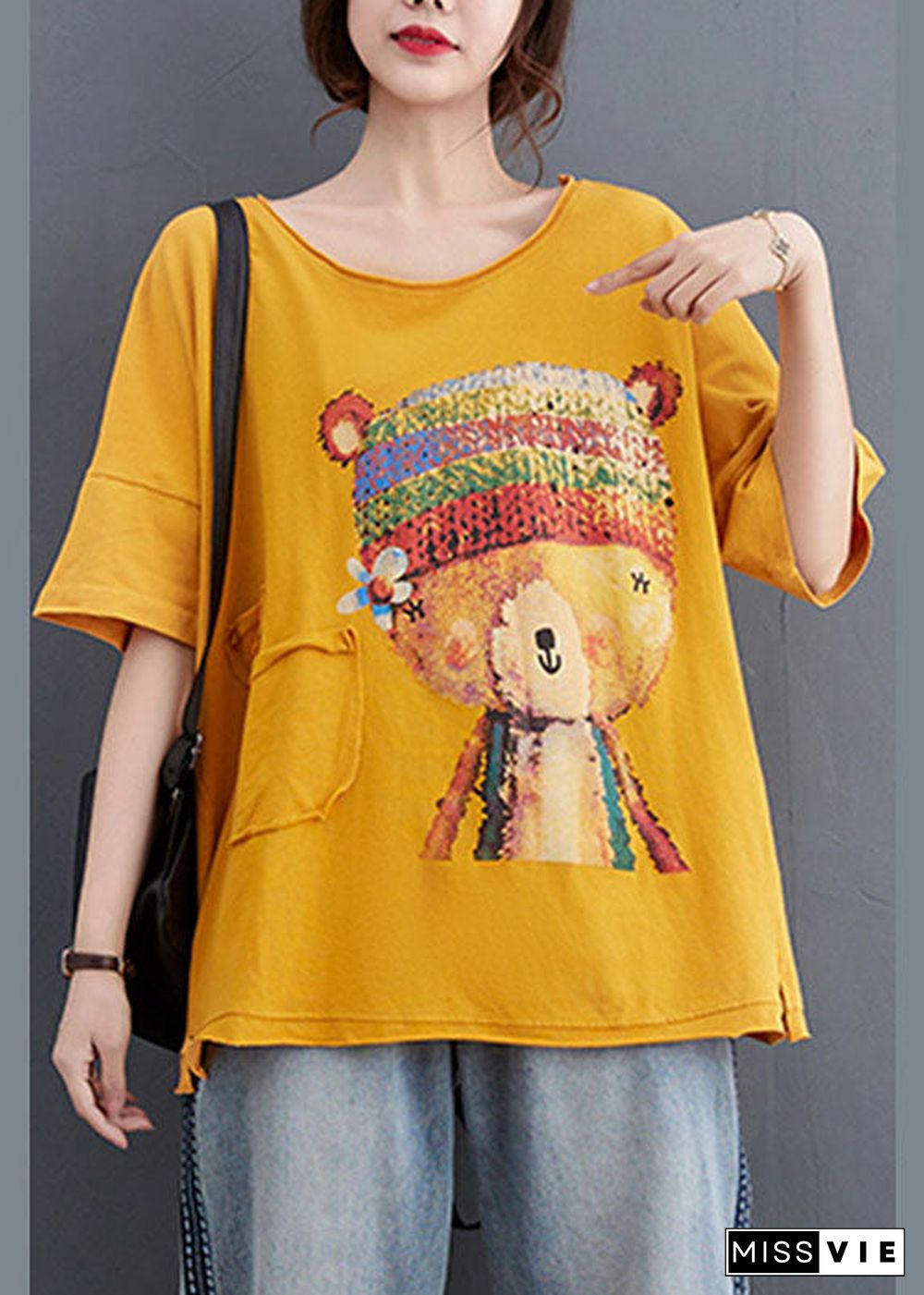 Fashion Yellow Loose O-Neck Print Fall Tees Half Sleeve