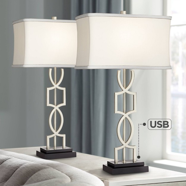 Tall Set Of 2 Brushed Nickel With Usb Charging Port White Rectangular Shade For Bedroom Living Room House