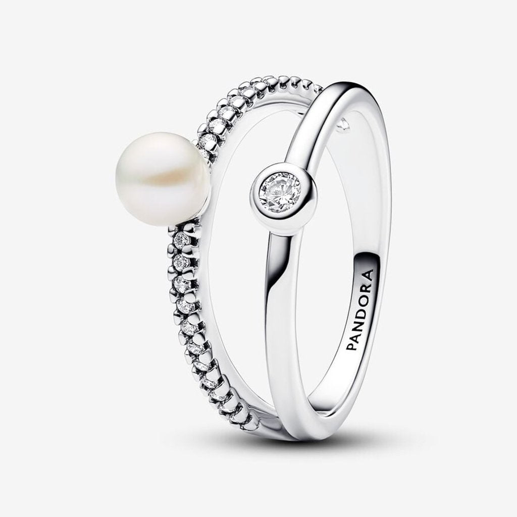 PANDORA  Treated Freshwater Cultured Pearl & Pavé Double Band Ring - Sterling Silver