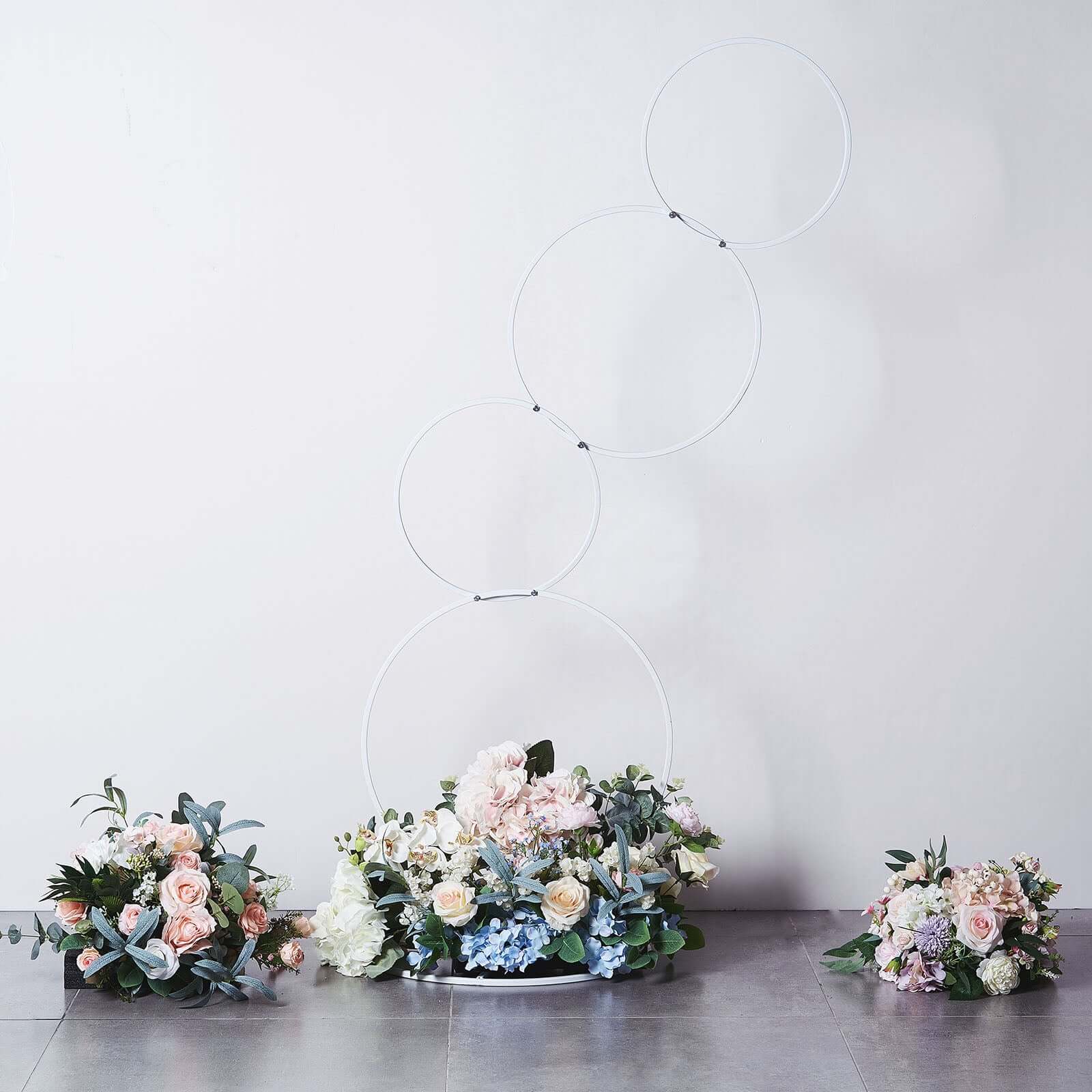 4-Tiered White Hoop Pillar Flower Stand, Metal Wedding Arch Table Centerpiece - Hoop Wreath 5ft