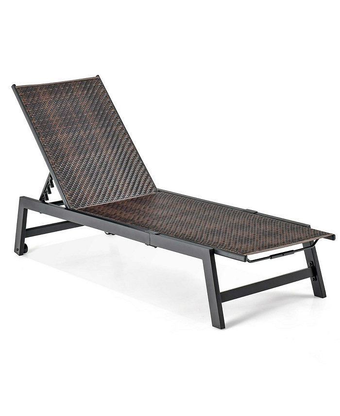 Costway 1PC Patio Galvanized Steel Chaise Lounge with Wheels Outdoor PE Rattan Recliner Chair