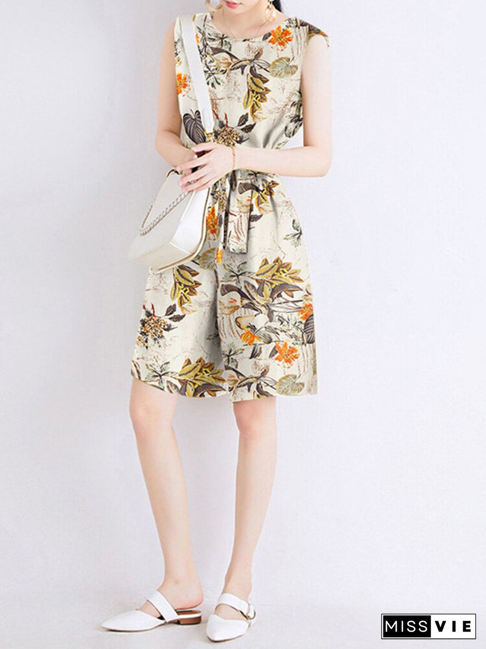 Random Flower Print Pocket Sleeveless Belt Wide Leg Romper