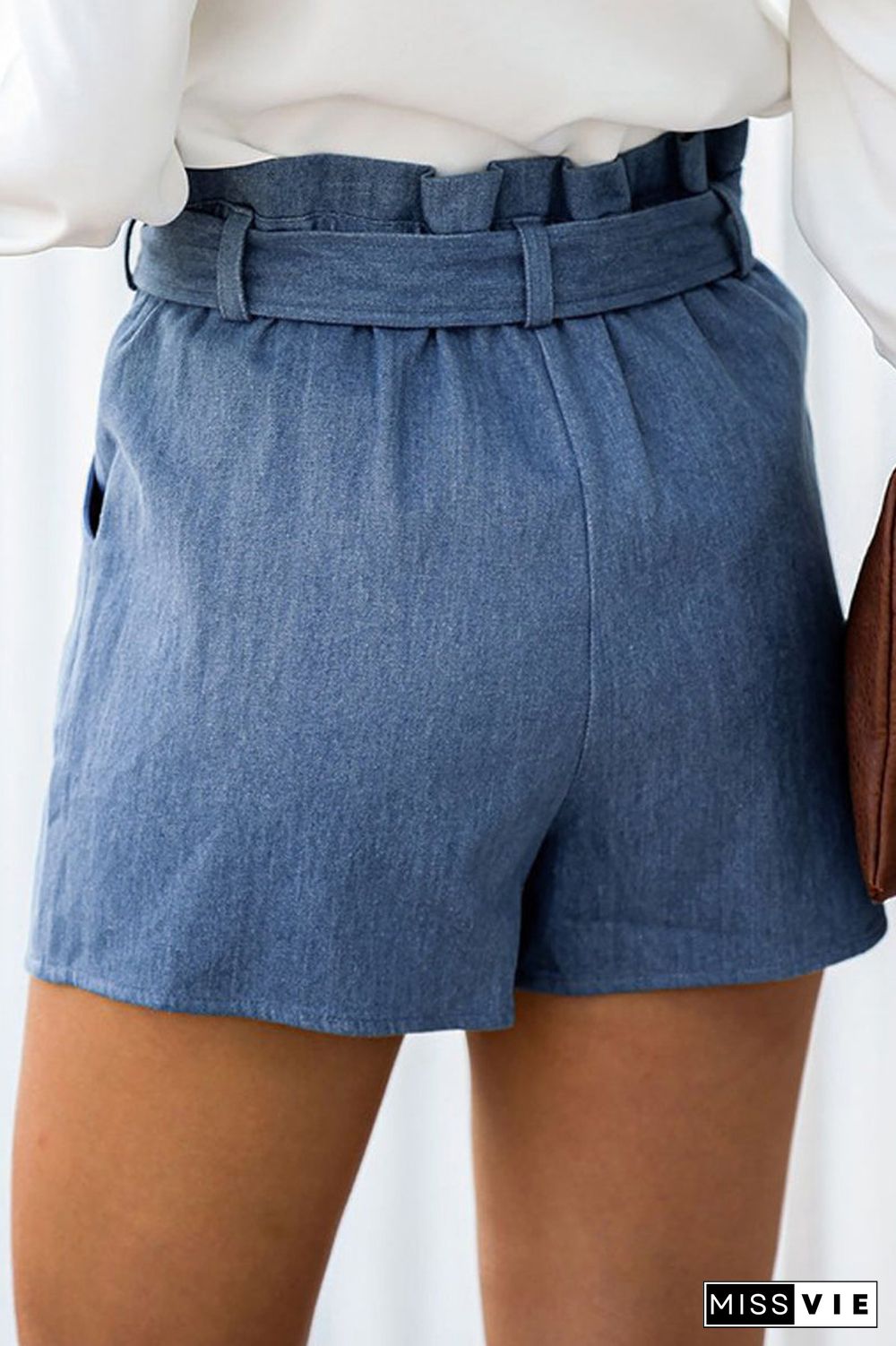 Denim Belted Ruffle Asymmetric Shorts