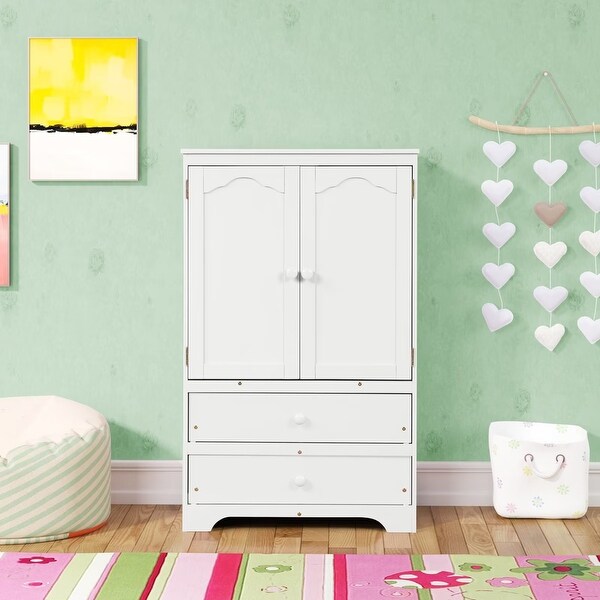 Cute Children's Wardrobe Side Cabinet 2 Doors with 1 Clothes Rail， 1 Shelf， 2 Drawers， Anti-Falling Hardware - - 36073581