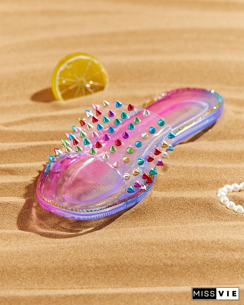 Colorful Rivet Clear Perspex Studded Slippers