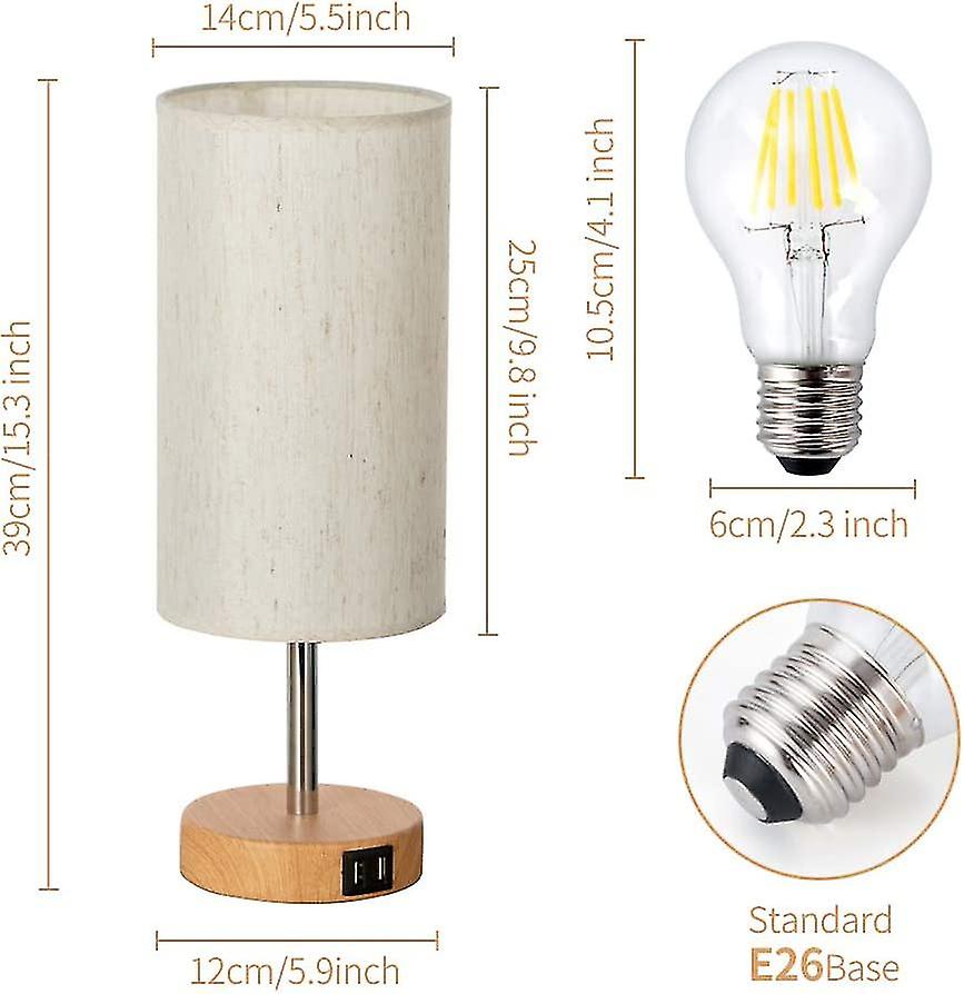 Bedside Lamp With Usb Port - Touch Control Table Lamp For Bedroom Wood 3 Way Dimmable Nightstand Lamp With Round Flaxen Fabric Shade For Living Room，