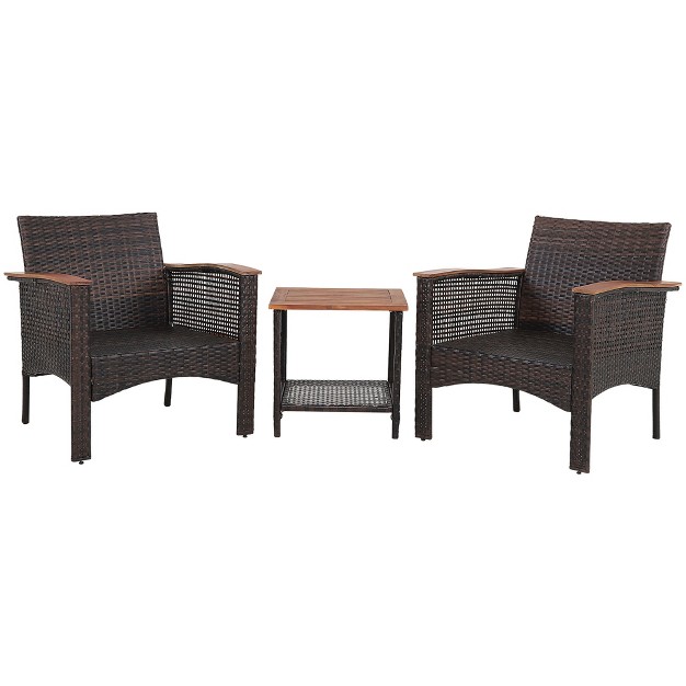 Tangkula 3pcs Patio Conversation Furniture Set Pe Rattan Sofa Set W wood Top Table