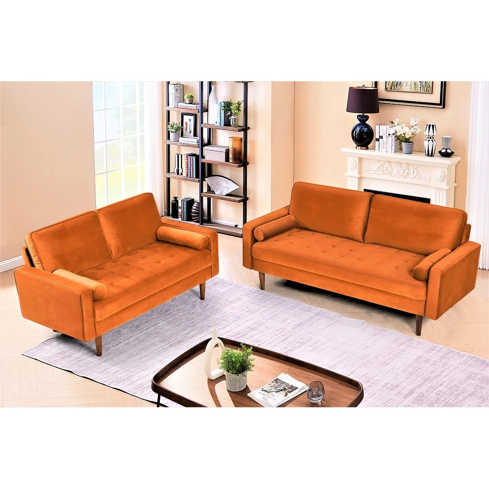 Monahan Wood Frame Velvet Tufted 2 PCS Living Room Set  Sofa   Loveseat