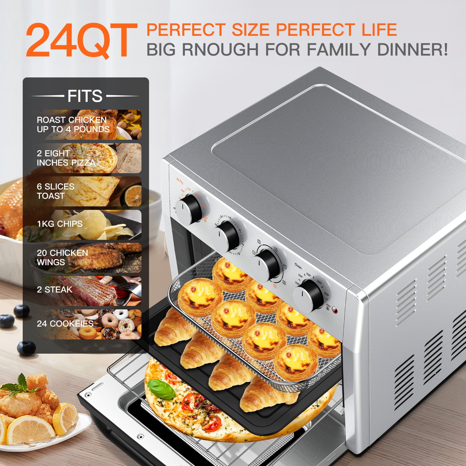 24 Quart Air Fryer, 7-in-1 Large Air Fryer Oven Toaster Combo w/ 60 Minute Timer, Convection Oven Countertop, 7 Presets, Nonstick, Accessories Included, 1500W, Silver