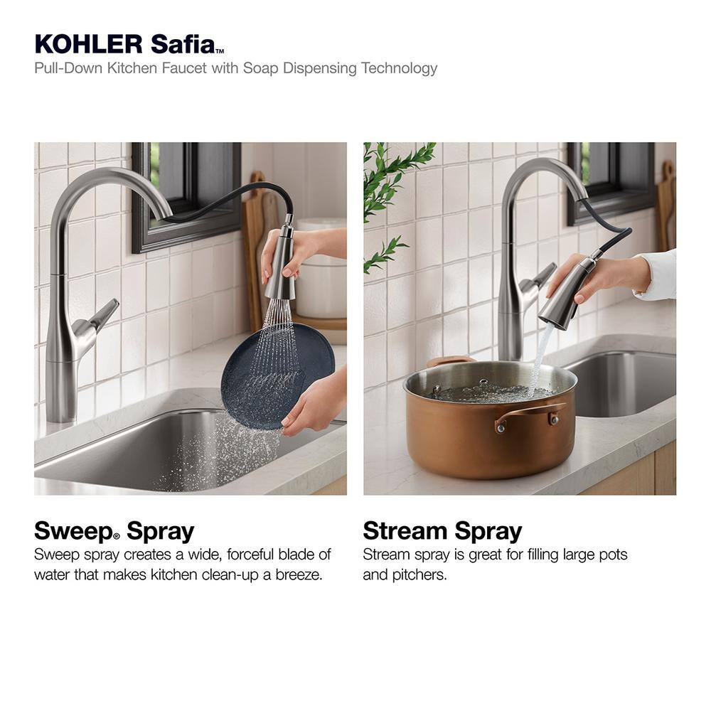 KOHLER Safia 1-Handle Pull Down Sprayer Kitchen Faucet with Integrated Soap Dispenser in Vibrant Stainless K-R24298-VS