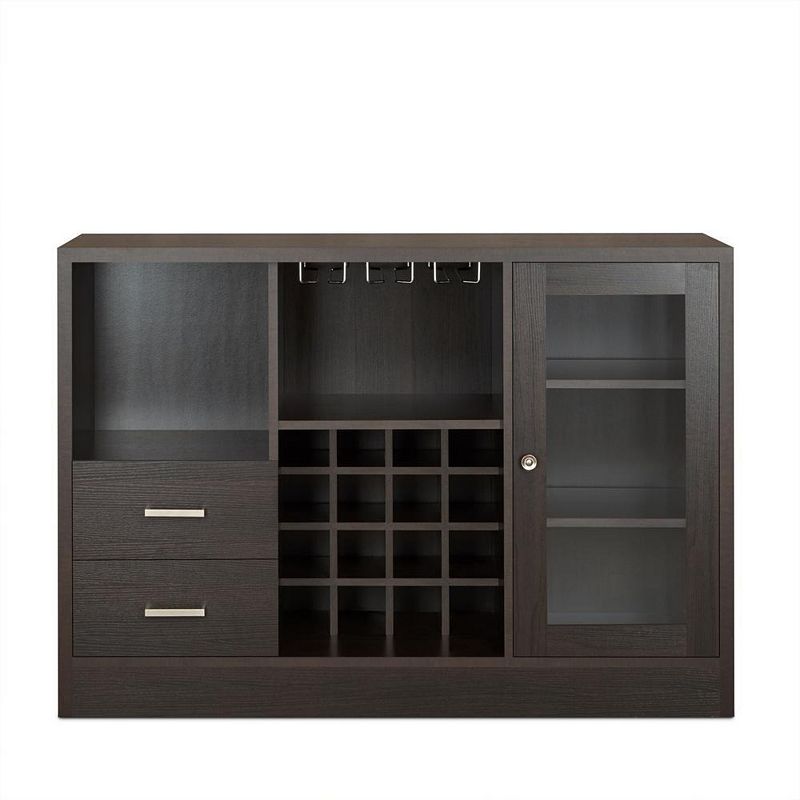 Wooden Server with One Side Door Storage Cabinets and Two Drawers， Espresso Brown