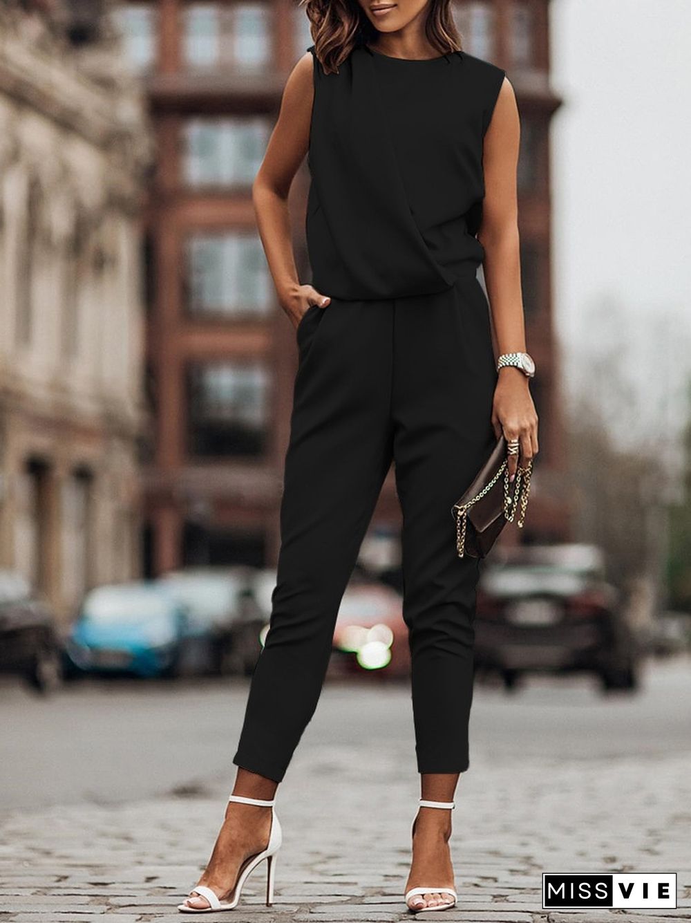 Female Cool Summer Sleeveless Waist Overalls Fashion Pocket Temperament Rompers Casual Loose High Street Pencil Pants Jumpsuits