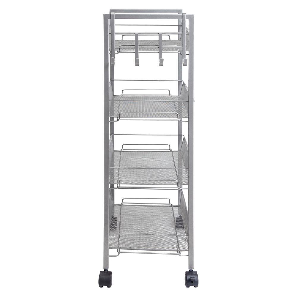 Greenway 4-Tier Steel 4-Wheeled Mobile Storage Cart with Side Hooks in Silver GSR4800GRC