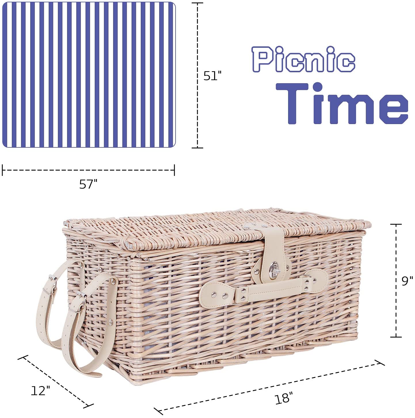 Picnic Basket for 4 Persons， Wicker Picnic Hamper Set with Waterproof Picnic Blanket， Cutlery Service Kit for Camping， Outdoor， Chirtmas， Thanks Giving， Birthday