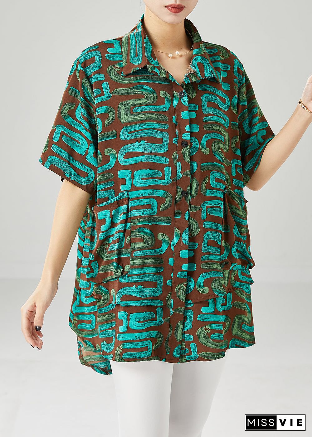 Green Print Spandex Blouses Oversized Summer