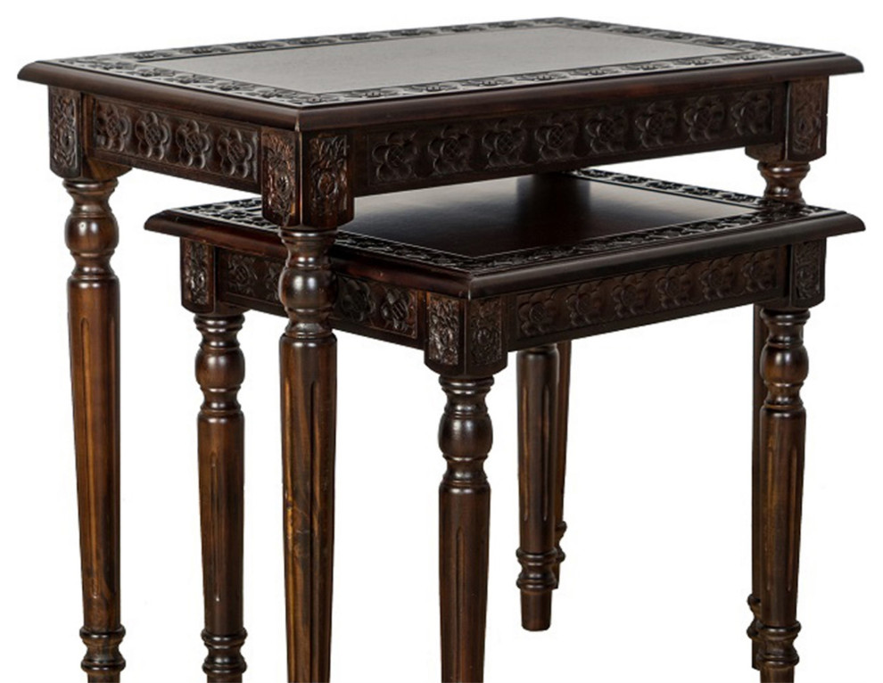 Elegantly Engraved Wooden Frame Nesting Table  Set of 2  Brown   Traditional   Coffee Table Sets   by VirVentures  Houzz