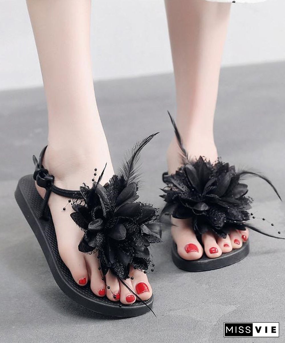 Black Splicing Floral Beach Holiday For Flat Sandals